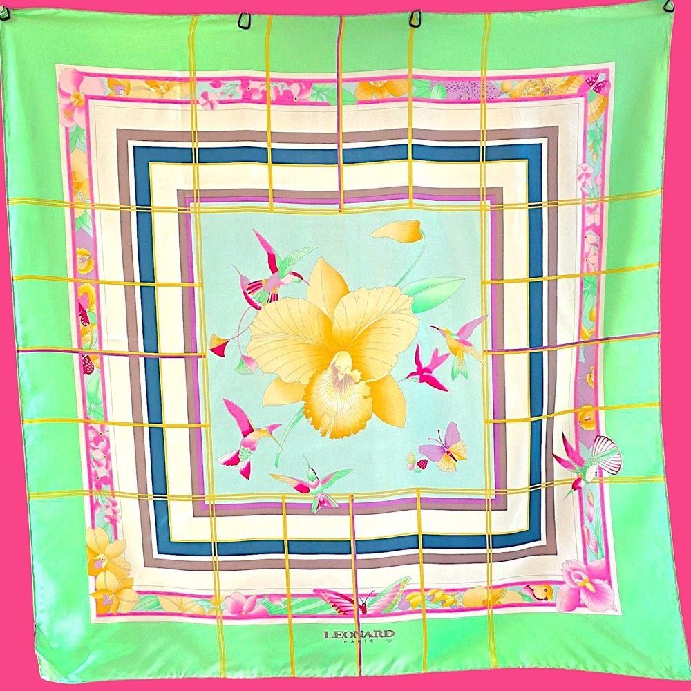 Leonard Paris Silk‎ Scarf 35" Mint Green Orchid Floral Stripe | 100% Silk NWT...
